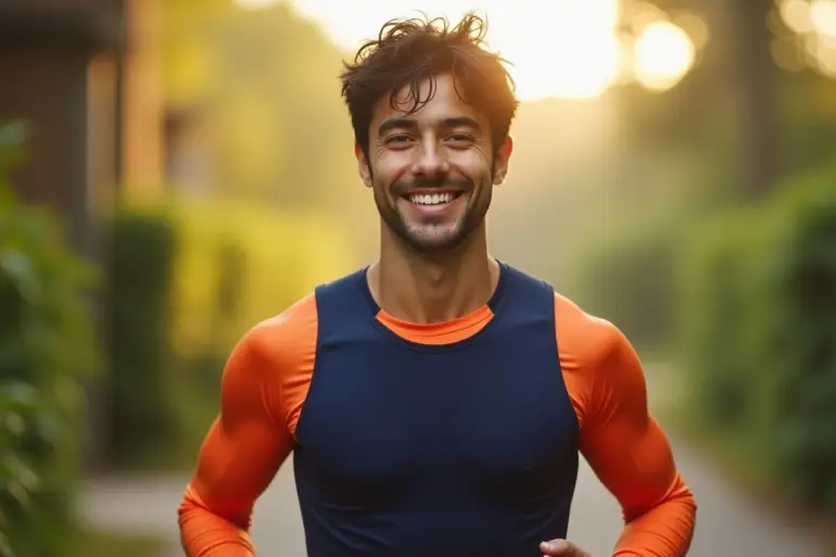 رجل شاب يمارس تمرين رياضي في الصباح مرتديا بدلة رياضية