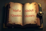 An old open book with the words “Mafia Quotes About Money” written in red across its pages, set in a mysterious atmosphere that symbolizes secrecy and power.
