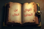 كتاب قديم مفتوح مكتوب على صفحتيه "أقوال المافيا عن المال" باللون الأحمر، في جو غامض يرمز للسرية والقوة.