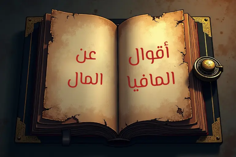 كتاب قديم مفتوح مكتوب على صفحتيه "أقوال المافيا عن المال" باللون الأحمر، في جو غامض يرمز للسرية والقوة.