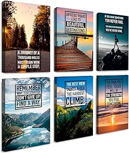 Set of 6 framed motivational canvas prints with inspirational quotes, vibrant colors, ready-to-hang office & home decor