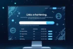 رسم توضيحي يحتوي على شاشات حاسوب تعرض روابط قصيرة، رموز إحصائيات وتحليلات، مع خلفية تقنية زرقاء تعبر عن أدوات اختصار الروابط المجانية.